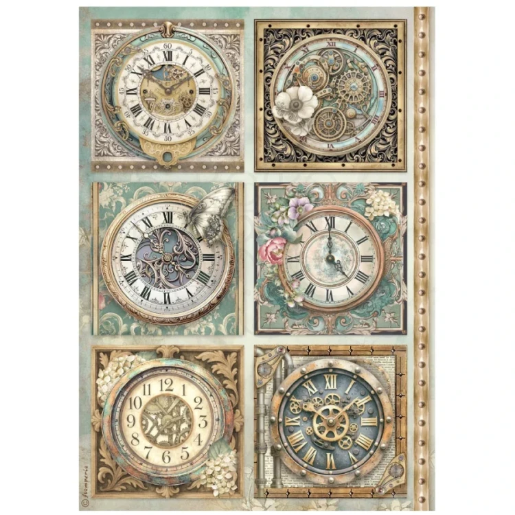 Papier ryżowy do decoupage A4 Gardens Of Time 6 zegarów DFSA41111 Stamperia