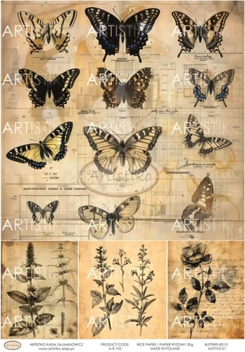 Papier ryżowy do decoupage A4 Motyle 01 A-R-102 Artistiko