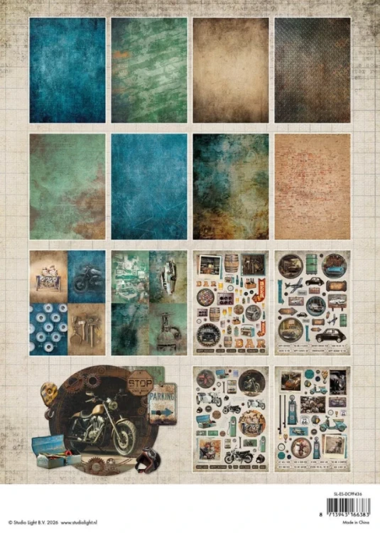Zestaw papierów do scrapbookingu A4 Gearhead Workshop 28 arkuszy SL-ES-DCPP436 Studio Light