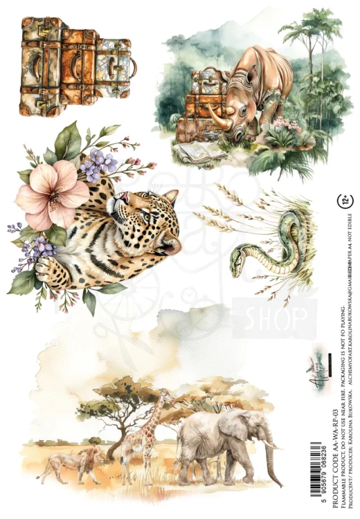 Papier ryżowy do decoupage A4 Wild adventures - Zwierzęta AA-WA-RP-03 Alchemy of Art