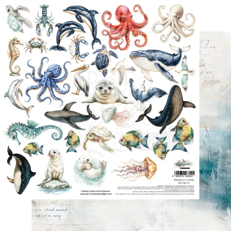 Papier 30x30 dodatki do samodzielnego wycięcia Ocean blue - Morskie zwierzęta AA-OB-11 Alchemy of Art