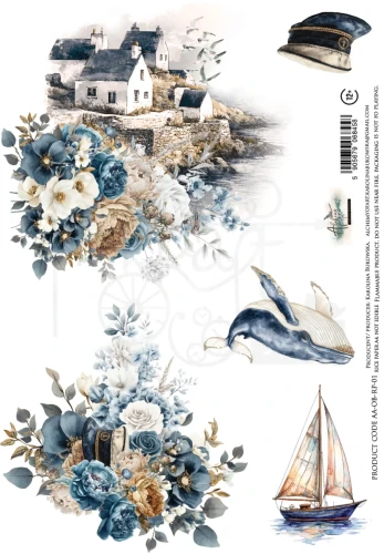 Papier ryżowy do decoupage A4 Ocean blue - Kwiaty AA-OB-RP-01 Alchemy of Art