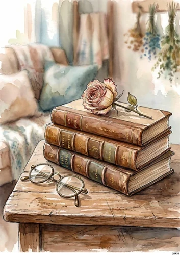 Papier ryżowy do decoupage A5 Książki róża i okulary retro 20438