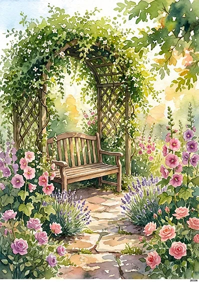 Papier ryżowy do decoupage A5 Ławka w ogrodzie pergola i kwiaty 20336