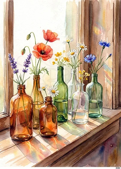 Papier ryżowy do decoupage A5 Kolorowe butelki i kwiaty na parapecie 20283