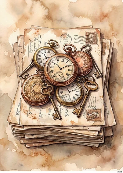Papier ryżowy do decoupage A5 Listy zegarki i klucze retro 20235