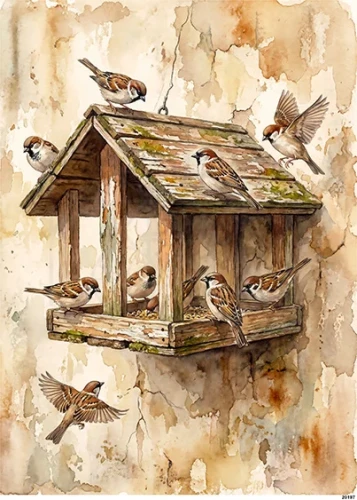 Papier ryżowy do decoupage A5 Karmnik dla ptaków i wróble 20197