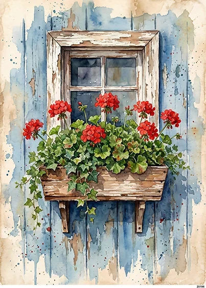 Papier ryżowy do decoupage A5 Czerwone pelargonie w oknie 20196