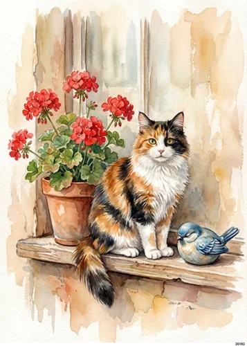 Papier ryżowy do decoupage A5 Kot i czerwone pelargonie w oknie 20192