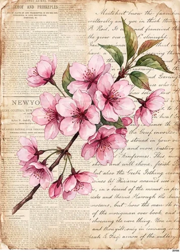 Papier ryżowy do decoupage A5 Gałązka kwitnącej wiśni i pismo 20184