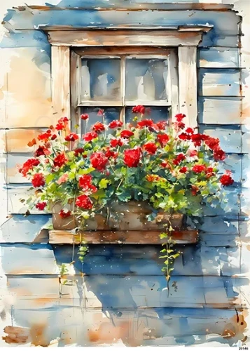 Papier ryżowy do decoupage A5 Czerwone pelargonie w oknie 20146