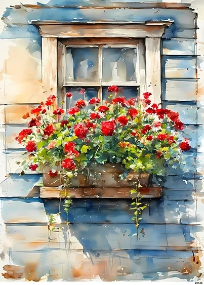 Papier ryżowy do decoupage A5 Czerwone pelargonie w oknie 20146