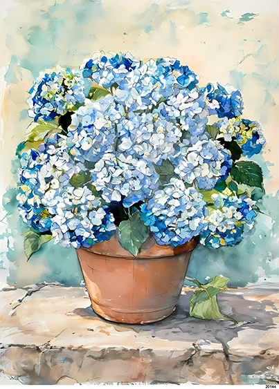 Papier ryżowy do decoupage A5 Niebieskie hortensje w donicy 20144