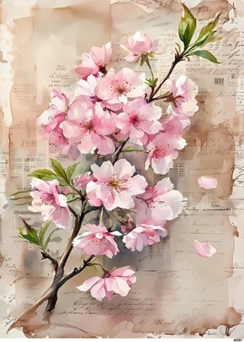 Papier ryżowy do decoupage A5 Gałązka kwitnącej wiśni i pismo 20097
