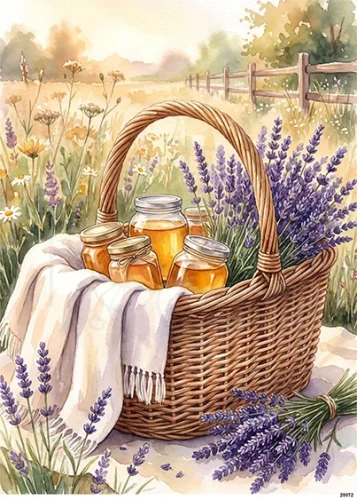 Papier ryżowy do decoupage A5 Słoiki z miodem i lawenda w koszu 20072