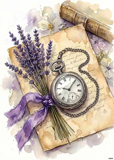 Papier ryżowy do decoupage A5 Lawenda zegarek i list retro 20054
