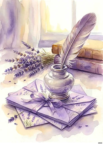 Papier ryżowy do decoupage A5 Lawenda pióro kałamarz i listy 20035
