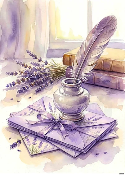 Papier ryżowy do decoupage A5 Lawenda pióro kałamarz i listy 20035
