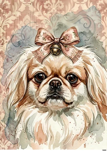 Papier ryżowy do decoupage A5 Pies Pekińczyk z kokardką 19899