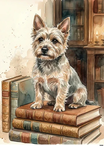 Papier ryżowy do decoupage A5 Pies Norwich Terrier na książkach 19866