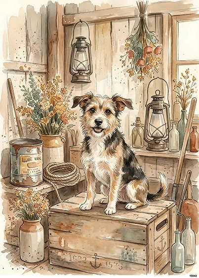Papier ryżowy do decoupage A5 Pies Border Terrier na skrzyni 19848