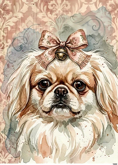 Papier ryżowy do decoupage A6 Pies Pekińczyk z kokardką 19899