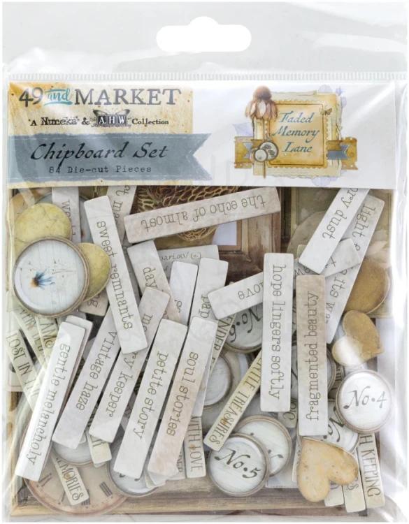 Ozdoby papierowe die-cuts Faded Memory Lane Chipboard Set 84 szt FML-35728 49 and Market
