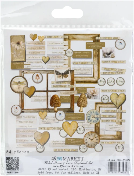 Ozdoby papierowe die-cuts Faded Memory Lane Chipboard Set 84 szt FML-35728 49 and Market