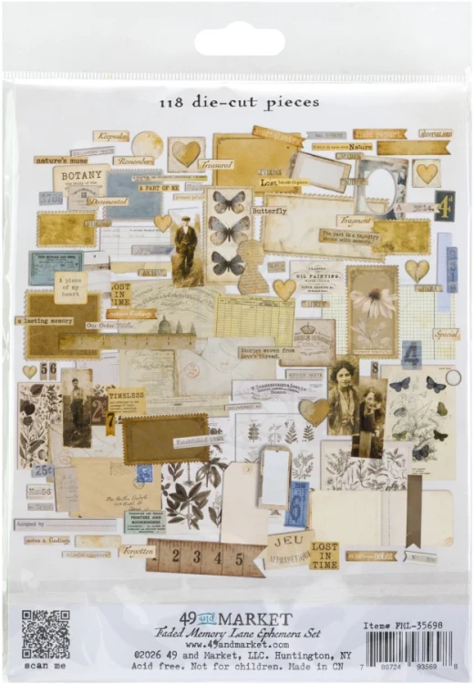 Ozdoby papierowe die-cuts Faded Memory Lane Ephemera Set 118 szt FML-35698 49 and Market
