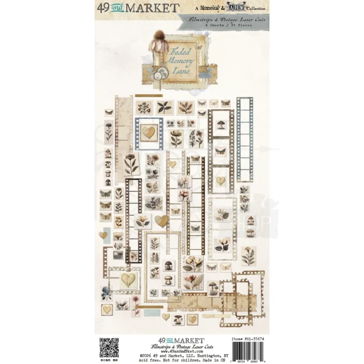 Ozdoby papierowe die-cuts Faded Memory Lane Filmstrips &amp; Postage Laser Cuts 93 szt FML-35674 49 and Market