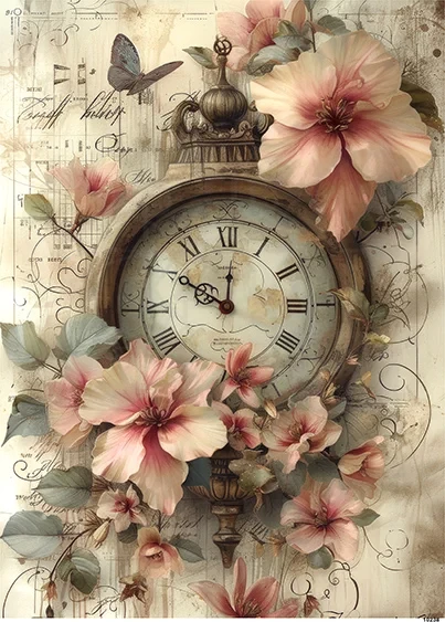 Papier ryżowy do decoupage A6 Zegar i kwiaty retro 10238