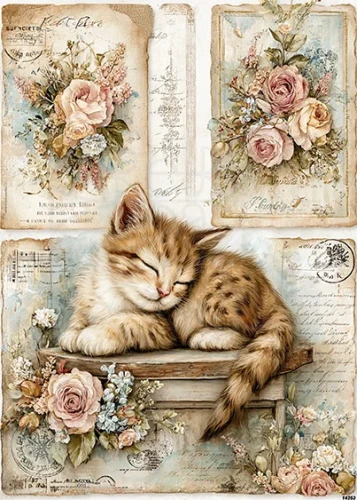 Papier ryżowy do decoupage A5 Kotek i róże retro 14253