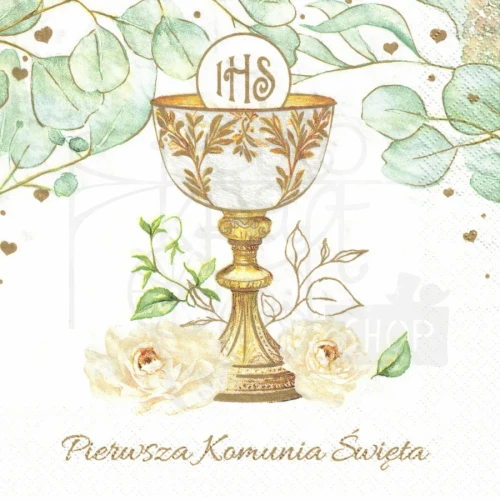 Serwetka 33x33 - Pierwsza Komunia Święta - Kielich i hostia
