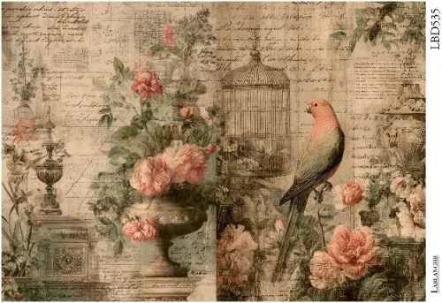 Papier ryżowy do decoupage 24x33 Papuga i kwiaty retro LBD535 LaBlanche