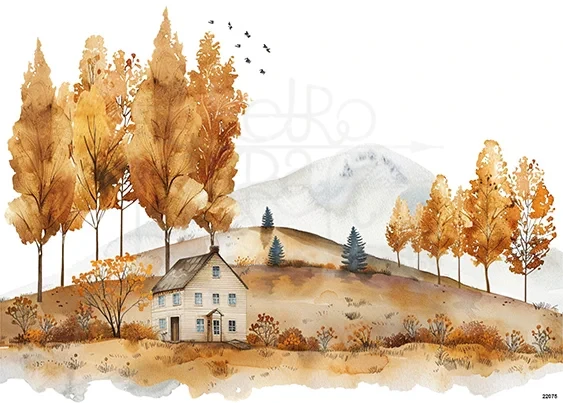 Papier ryżowy do decoupage A5 Jesienny widoczek - domek drzewa i góry 22075