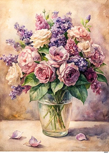 Papier ryżowy do decoupage A5 Róże i bzy w wazonie retro 22041