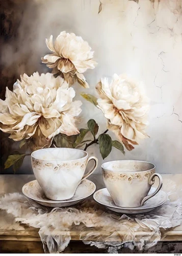 Papier ryżowy do decoupage A5 Filiżanki i białe peonie retro 21932
