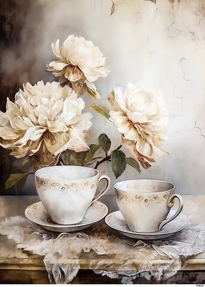 Papier ryżowy do decoupage A5 Filiżanki i białe peonie retro 21932