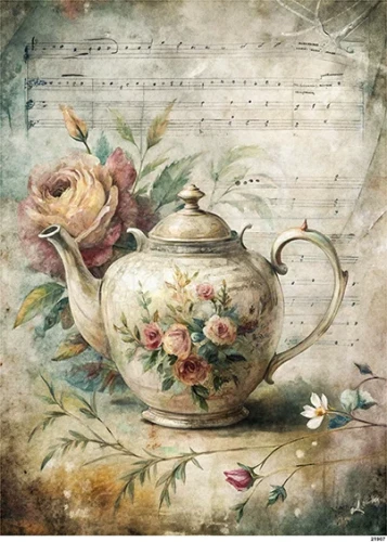 Papier ryżowy do decoupage A5 Imbryk róże i nuty retro 21907