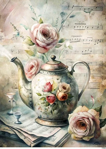 Papier ryżowy do decoupage A5 Imbryk róże i nuty retro 21904
