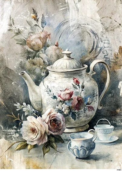 Papier ryżowy do decoupage A5 Imbryk filiżanki i róże retro 21901