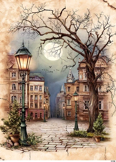 Papier ryżowy do decoupage A5 Miasteczko nocą retro 21768