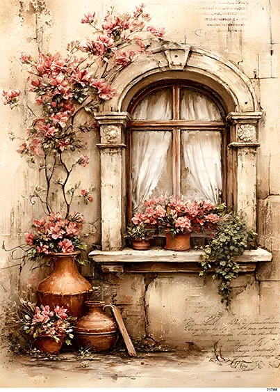 Papier ryżowy do decoupage A5 Okno i kwiaty retro 21766