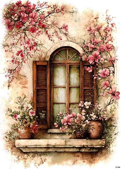 Papier ryżowy do decoupage A5 Okno z okiennicami i kwiaty retro 21764