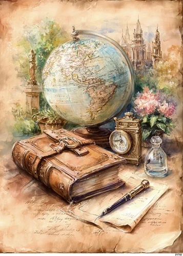 Papier ryżowy do decoupage A5 Książka i globus retro 21752
