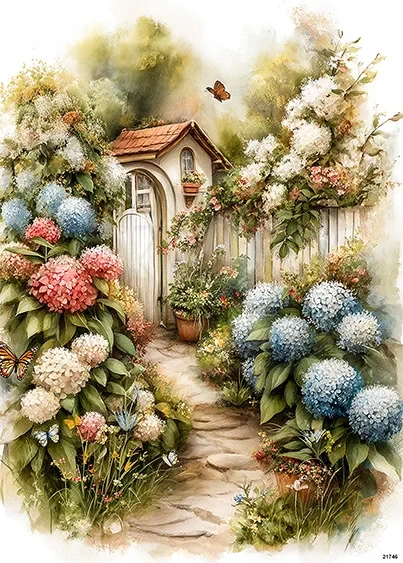 Papier ryżowy do decoupage A5 Sielski widoczek - hortensje 21746