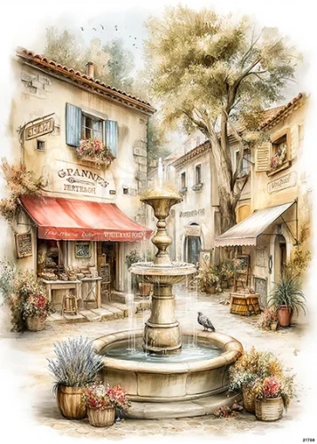 Papier ryżowy do decoupage A5 Miasteczko i fontanna retro 21704