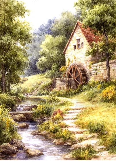 Papier ryżowy do decoupage A5 Sielski widoczek - młyn i strumyk 21697