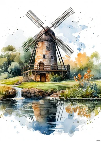 Papier ryżowy do decoupage A5 Sielski widoczek - wiatrak i jezioro 21693