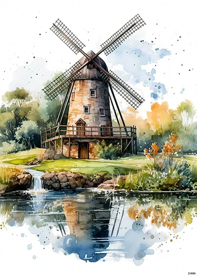Papier ryżowy do decoupage A5 Sielski widoczek - wiatrak i jezioro 21693